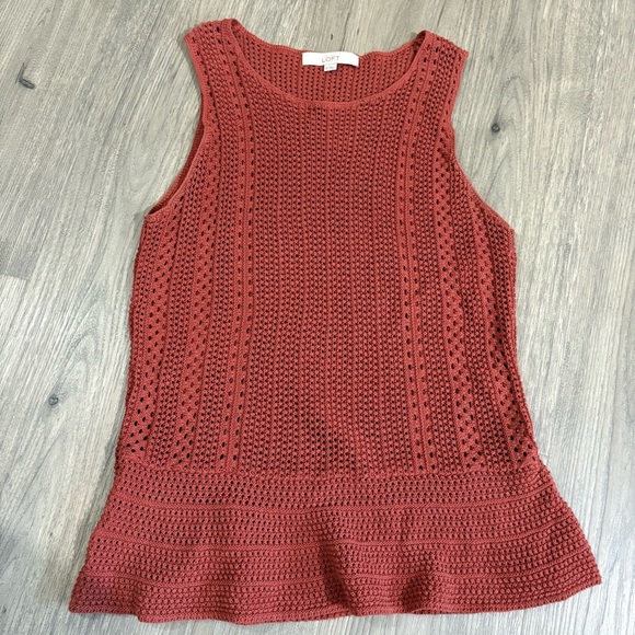 Loft Burnt Orange Crochet Knit Cotton Peplum Sleeveless Top Sz M Boho Coastal - Picture 3 of 8